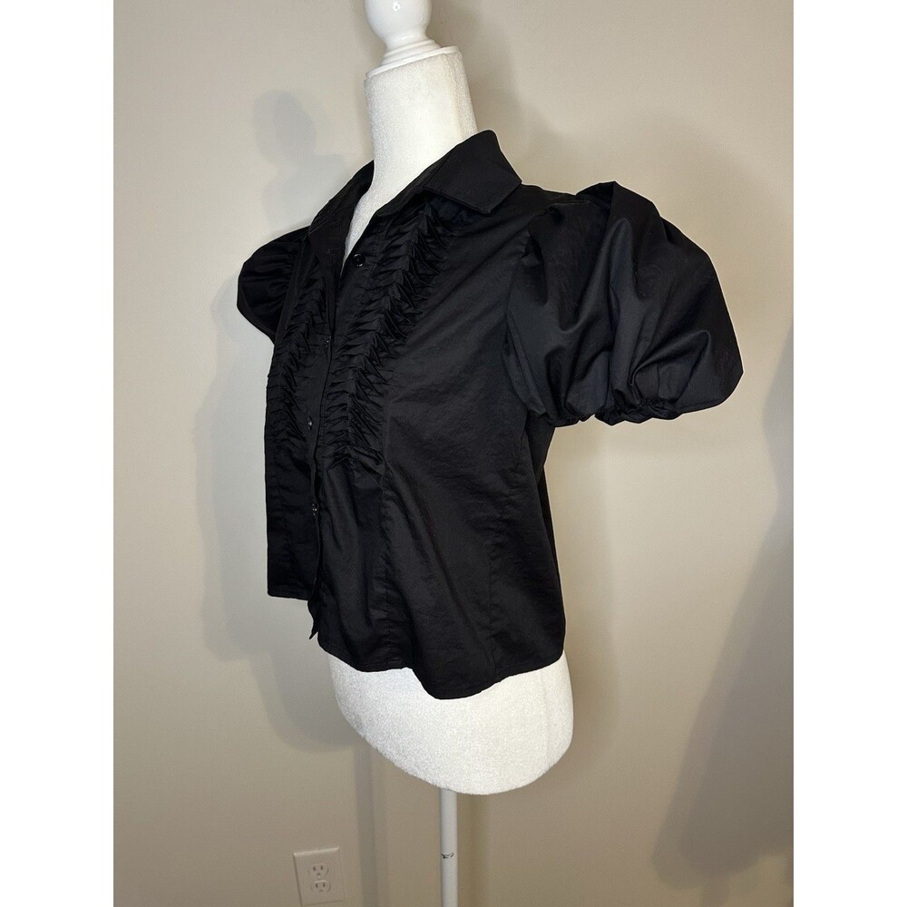 Monica Nera Summer Top In Black Button Up Blouse Puff Sleeve XS - Picture 3 of 10